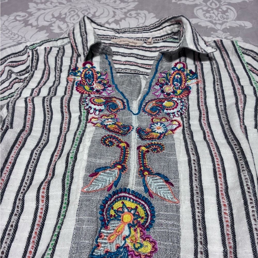 Softsurroundings Embroidered Striped Boho Tunic White with Multicolor Embroidery
